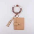 Silicone Beaded Bracelet Keychain with PU Leather Card Holder and Sunflower Wristlet - Coffee