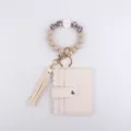 Silicone beaded wristlet keychain with beige PU leather cardholder wallet and tassel charm. - Khaki