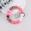 Silicone bead keychain bracelet with flower charm and heart clasp, cute wristlet for keys. - Rose Red