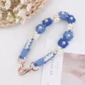 Handmade crochet daisy pearl cup strap bag chain floral lanyard with golden clasps aesthetic - Dark Blue