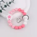 Silicone bead keychain bracelet with cute flower charm and heart clasp for women keys bag decor - White