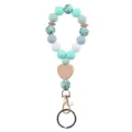 Silicone bead wrist keychain with cute wooden heart charm, mint green and grey style. - Green