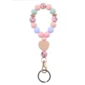 Silicone beaded wristlet keychain with wooden heart charm, pastel color variant for women. - Pink