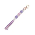 Handmade woven cotton rope keychain with purple pink flower pattern and gold lobster clasp. - Pink Purple