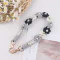 Handmade crochet daisy pearl cup strap and bag chain with gold metal lobster clasps. - Black
