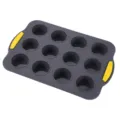 Moule a Muffin en Silicone 12 Cavites Anti-adhesif Gris Fonce avec Poignees Jaunes - Gris foncé avec poignée jaune