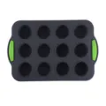Moule à muffin en silicone durable 12 cavités avec poignées vertes antiadhésif four - Gris foncé avec poignée verte