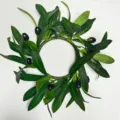 Artificial olive leaf wreath detail, green leaves and black olives, candle ring decor. - 20cm (In Regular OPP Bag)