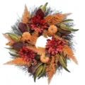 Detailed view of artificial autumn harvest wreath with pumpkins, berries and flowers, 50cm. - 50cm Wheat Wreath