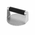 Stainless steel burger press with black handle for heavy duty BBQ meat smashing and grilling. - Silicone Textured Meat Press / Neutral Color Box Packaging