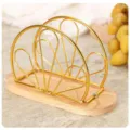 Variante de porte-serviettes de table en fil de fer doré et base en bois, rangement de cuisine. - Pétale de fleur doré rond avec base en bois