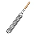 Cesta para barbacoa con mango de madera para verduras y salchichas, parrilla de alambre. - Estilo con mango de color natural