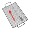 BBQ grill basket set with silicone basting brush and stainless steel tongs for outdoor cooking. - Grilling Net 3-Piece Set
