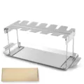 Stainless steel folding chicken leg rack with drip tray for outdoor BBQ and home cooking. - 2-Piece Chicken Leg Rack Set with Box