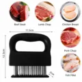 Primo piano del tenderizzatore di carne a 48 lame con dimensioni e vari tipi di carne. - Imballaggio Semplice