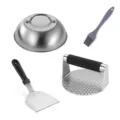 Set de Prensa para Hamburguesas de Acero Inoxidable con Espatula y Pincel de Cocina - Set 3: estilo texturizado de silicona, juego de 4 piezas