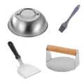 Set de herramientas BBQ de acero inoxidable con prensa para hamburguesas, espátula y tapa. - Set 5: estilo redondo con mango de madera, juego de 4 piezas