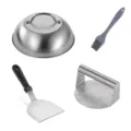 Set de prensa para hamburguesas de acero inoxidable con cúpula espátula y pincel para barbacoa. - Set 7: estilo redondo texturizado de acero completo, juego de 4 piezas