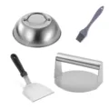 Kit de prensa para hamburguesas de acero inoxidable con campana espátula y pincel BBQ. - Set 6: estilo redondo de acero completo, juego de 4 piezas