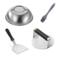 Set de prensa para hamburguesas de acero inoxidable con espátula pincel y tapa para BBQ. - Set 1 juego de 4 piezas recubierto de silicona