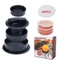 Plastic burger press set with multi-functional round meat patty mold and 100pcs parchment paper. - Box Packaging + 100 Oil Papers / Black