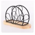 Porte-serviettes vertical en fil de fer noir et base en bois pour table à manger et cuisine. - Pétale de fleur noir rond avec base en bois