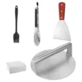 Stainless steel burger press 4-piece set, heavy duty meat patty maker and grill tool kit. - 22cm Meat Press 4-Piece Set with White Box