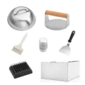 Set de prensa para hamburguesas y accesorios de plancha de acero inoxidable con campana y espátula. - Juego de tapas redondas con mango de madera