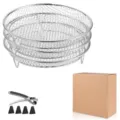 3-layer stainless steel air fryer rack set with clip and rubber feet for kitchen cooking. - Circular Three-Layer Dehydrator Rack with Clip and Pads