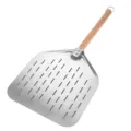 Perforated pizza peel with wooden handle, stainless steel shovel for baking pizza and kitchen. - Striped Cutout
