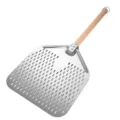 Stainless steel perforated pizza peel with long wooden handle for baking and turning pizza securely. - Dense Hole Hollow-out