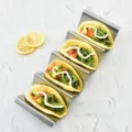 Edelstahl Taco Halter W-förmiger Ständer für vier harte Schalen Küchen Esswerkzeug - Taco-Halter mit 4 Fächern und Griff