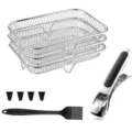 Stainless steel air fryer rack set with multi-layer trays, brush, clip, and silicone feet. - Rectangular Drying Rack 9-Piece Set