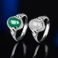 S925 Sterlingsilber Retro grüne weiße Achat Chalzedon offene verstellbare Ringe für Damen - Stil 2 (Grüner Chalzedon) / Weißgold
