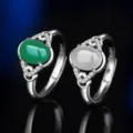 S925 Silberring mit grünem und weißem Achat im Vintage Stil offener verstellbarer Ring. - Stil 4 (Grüner Chalzedon) / Weißgold