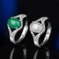 S925 Sterling Silber Inlaid Achat Chalcedon Ring Damen Mode Retro offener Jade Ring - Stil 5 (Grüner Chalzedon) / Weißgold