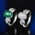 S925 Sterlingsilber Achat Chalcedon Ring Vintage Offener Edelstein Fingerschmuck Damen - Stil 6 (Grüner Chalzedon) / Weißgold