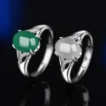 S925 Sterling Silber Achat Jade Ring Vintage Offener Ring Elegante Damen Schmuck - Stil 7 (Grüner Chalzedon) / Weißgold
