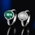 S925 Silber eingelegter Achat Jade Ring Retro offener Fingerring Damen Modeschmuck - Stil 8 (Grüner Chalzedon) / Weißgold