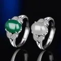 S925 Silber Ovale Edelstein Ringe Retro Verstellbare Grüne Und Weiße Jade Ringe Damen - Stil 11 (Grüner Chalzedon) / Weißgold