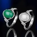 S925 Sterlingsilber Achat Jade Offener Ring Vintage Mode Schmuck Geschenk Für Frauen - Stil 12 (Grüner Chalzedon) / Weißgold