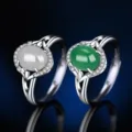 S925 Silber Achat Chalcedon Ring Vintage offener verstellbarer Damenschmuck Mode - Stil 14 (Grüner Chalzedon) / Weißgold