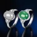 S925 Silber Vintage offener Ring mit grünem und grauem Achat Edelstein Schmuck für Damen. - Stil 15 (Grüner Chalzedon) / Weißgold
