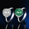 S925 Sterling Silber Achat Chalcedon Offener Ring Eleganter Vintage Stil Damen Schmuck - Stil 21 (Grüner Chalzedon) / Weißgold