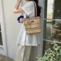 Stylish summer multicolored striped woven bucket bag, large capacity shoulder tote for women. - Striped Khaki