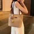 Stylish straw woven tote bag for women, large capacity summer shoulder bag with flower charm. - Khaki