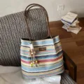 Summer colorful striped woven bucket bag, stylish commuting large capacity shoulder tote bag. - Colorful