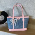 Sac cabas décontracté en denim et cuir rose pour femme, grand sac bandoulière nœud perle. - Avec Pendentif / Rose