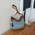 Sac à épaule tissé grande capacité femme été élégant cabas sac seau décontracté - Bleu Avec Pendentif
