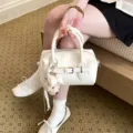 Summer stylish women shoulder crossbody Boston bag with cute bear charm, white textured PU leather. - With Pendant / Off White